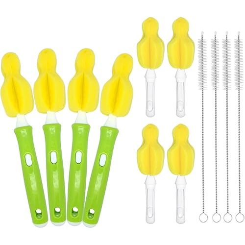 INVODA 12 Piece Sponge Nipple Bottle Brushes, Baby Bottle Brush with 4 Piece Nipple Cleaner, 4 Piece Replacement Heads and 4 Piece Straw Brushes, Green