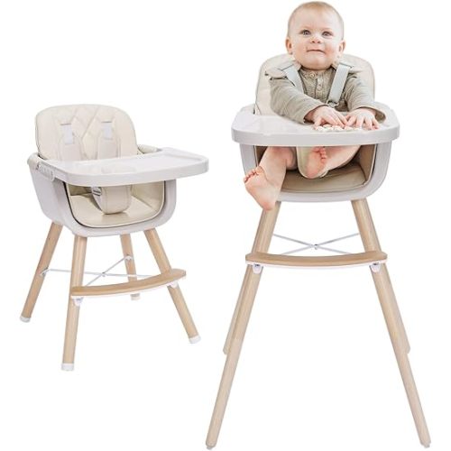 3-in-1 Convertible Wooden High Chair, High Chairs for Babies and Toddlers, Baby High Chair with Adjustable Legs & Dishwasher Safe Tray, Made of Sleek Hardwood & Premium Leatherette, Beige Color
