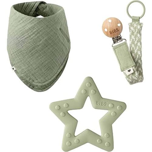 BIBS My First 6 Months Gift Set | Includes Cloth Bib, Pacifier Clip and Bitie Teether | Ivory