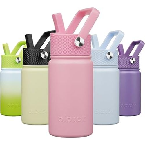 BJPKPK Insulated Water Bottle with Straw Lid, 15oz Cute Water Bottles, Stainless Steel Metal Thermos, Reusable BPA Free Leak Proof Tumblers, Cups,Pink