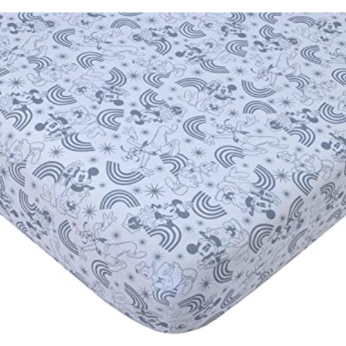 Disney Mickey and Friends Grey and White Pluto, Goofy, and Rainbows Nursery Fitted Crib Sheet