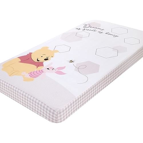 Disney Winnie The Pooh Hugs and Honeycombs Grey and White Dreams as Sweet as Honey with Hexagons and Piglet 100% Cotton Photo Op Fitted Crib Sheet