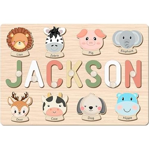 Personalized Name Puzzle for Kids, Personalized Baby Gifts Custom Name Puzzles for Toddlers 1-3 Animal Puzzle, Customized 1st Birthday for Girls & Boys Wooden Puzzle Montessor Toys for Kids