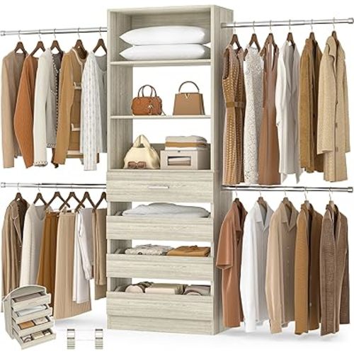 Aheaplus Closet System, 4-9Ft Closet Organizer with 4 Wooden Drawers, Wood Closet Organizer System with Tower, Walk-in Closet Organizer Wardrobe Clothes Rack with 4 Hanging Rods, Garment Rack, White