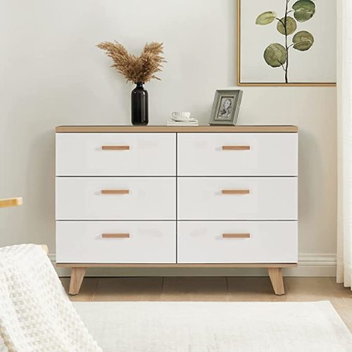 Goujxcy Modern 6 Drawer Dresser for Bedroom with Wide Drawers and Wood Handles, Wood Storage Chest of Drawers for Living Room Hallway Entryway (White-6 Drawer)