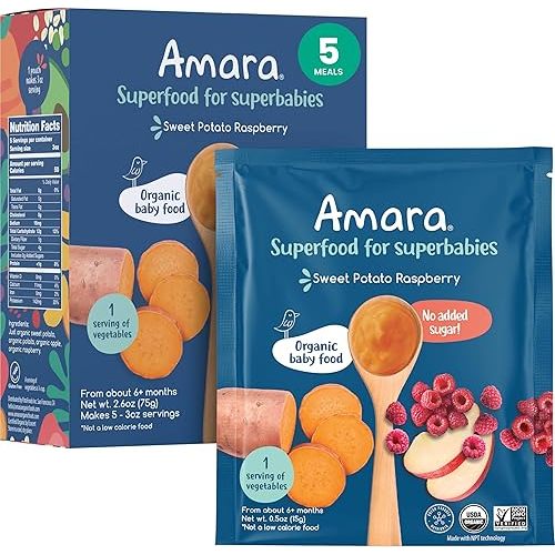 Amara Organic Baby Food - Stage 2 - Sweet Potato Raspberry - Baby Cereal to Mix W/Breastmilk, Water or Baby Formula - Shelf Stable Baby Food W/Organic Fruit and Veggies - 5 Pouches 3.5oz Per Serving