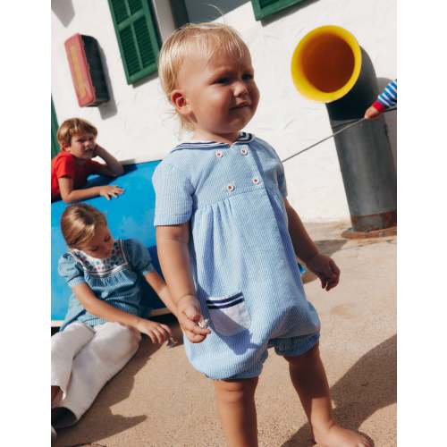 Boys Heritage Nautical Romper-Vintage Blue Ticking Stripe