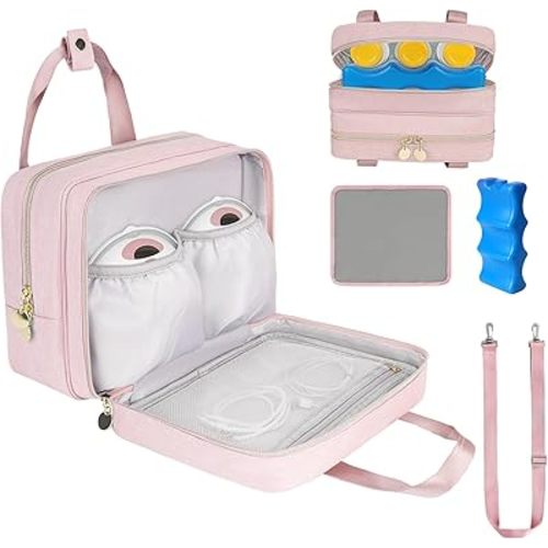 Wearable Breast Pump Bag with Cooler Compartment Compatible with Momcozy M5/S12 Pro, Elvie & Medela Pump in Style, Carrying Case with a Ice Pack & Waterproof Mat for Breast Pump and Accessories,Pink