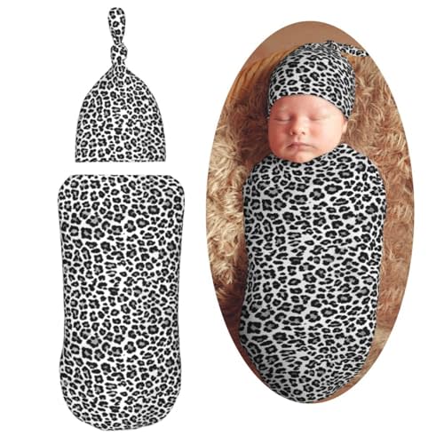 Muishi Snow Leopard Newborn Swaddle Blankets Hat Sets Soft Baby Receiving Blanket Swaddle Sack for Baby Shower Infant Boy Girl Gift