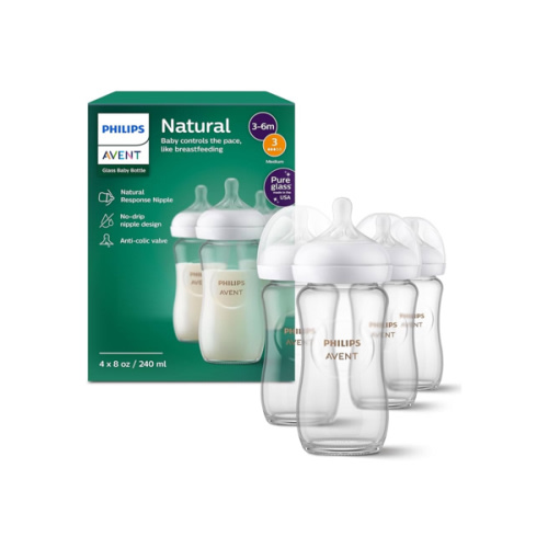 Philips Avent Natural Glass Baby Bottles with Natural Response Nipples (Medium Flow, Flow 3), 8oz, 4-Pack, SCY913/04
