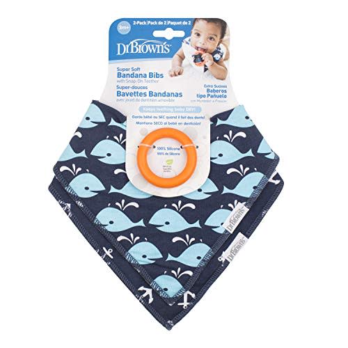 Dr. Brown's Super Soft & Absorbent Baby Bandana Bib with Snap-On Teether, 3m+, 2-Pack, Navy Whales & Anchors