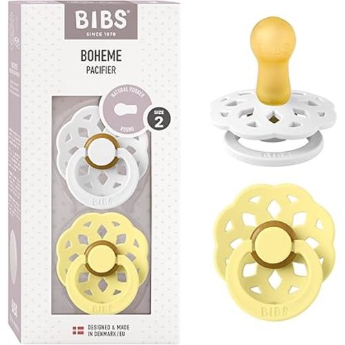 BIBS Boheme Pacifiers 2 Pack BPA Free Cherry Shape Nipple | White/Sunshine | Size 6-18 Months