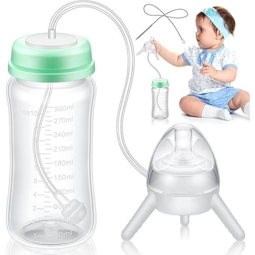 Nuanchu Self Feeding Baby Bottle with Straw 10 oz Bottle Holder for Baby Self Feeding Leak Proof Feeding Bottle Anti Colic for Newborn Nursing, Green