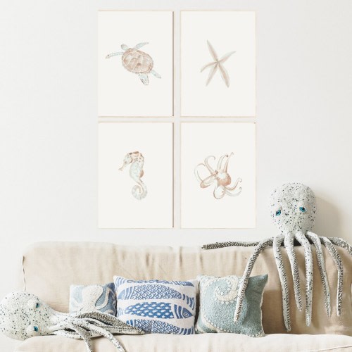Ocean Theme Nursery 4 Piece Wall Art | Sea Horse Art|Starfish Watercolor | Sea Themed Decor| Octopus Art| Sea Turtle Print| Beach Wall Decor