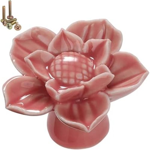 10Pack Pink Ceramic Lotus Flower Floral Cabinet Door Knobs, Ceramic Drawer Knobs with Mounting Screws, Vintage Cupboard Pull Handle,