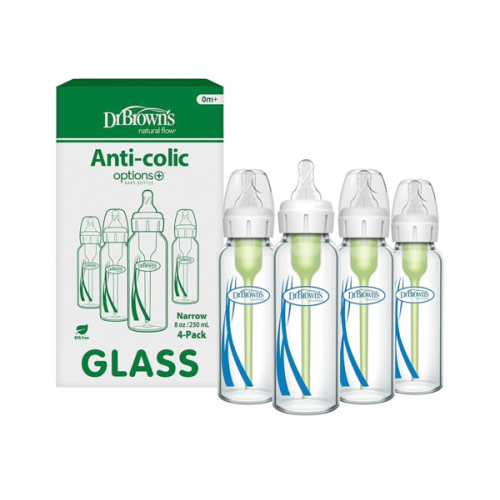Dr. Brown's Natural Flow Anti-Colic Options+ Narrow Glass Baby Bottle 8 oz/250 mL, with Level 1 Slow Flow Nipple, 4 Pack, 0m+