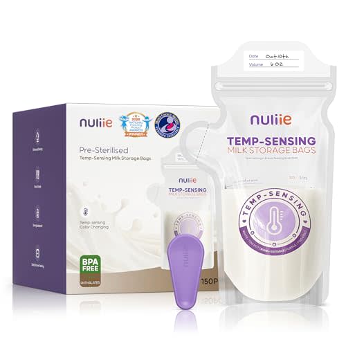 Nuliie 150pcs Temp-Sensing Breastmilk Storage Bag, Huge Temp-Sensing Icon & Locking Clamp, 6oz Breast Milk Storage Bags Freezer Pour Spout, Self Standing Milk Storage Bags Breastmilk, BPA-Free No-Leak