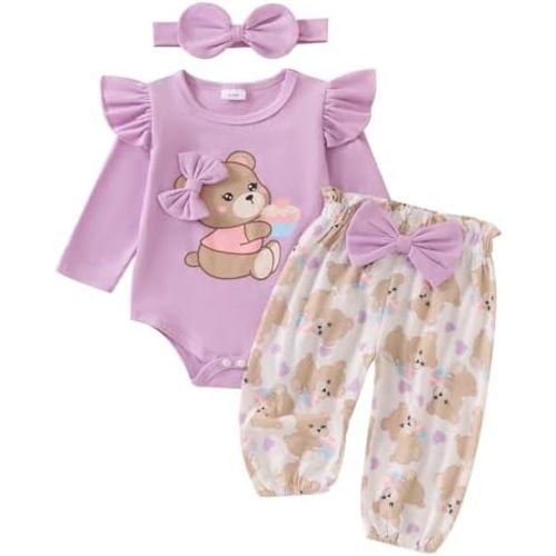 Newborn Infant Baby Girl Outfits Ruffle Bear Long Sleeve Romper Bodysuit Tops Pants Set Cute Fall Winter Clothes