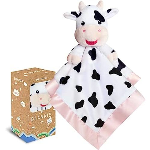 Cow Baby Security Blankets for Girls, Soft Loveys for Baby Girls, 15" Cow Baby Stuff Snuggle Toy Lovie, Baby Girl Gifts for Infant and Toddler, Pink Cow