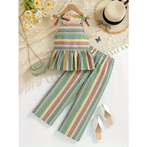 2pcs Girls Boho Style Rainbow Stripped Outfits Summer Clothes Party Gift