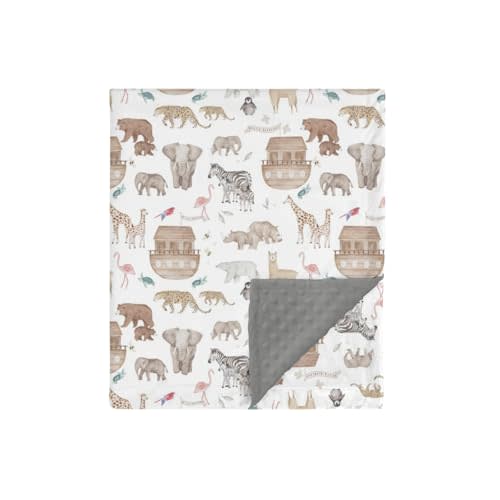 HawSkgFub Noah’s Ark Mink Baby Blanket Dotted Backing Boy Girl Shower Gift, Religious Animal Boat Ship Double Layer Nursery Receiving Swaddle, Gray Soft Newborn Infant Toddler Bed Crib Bedding 30 x 40