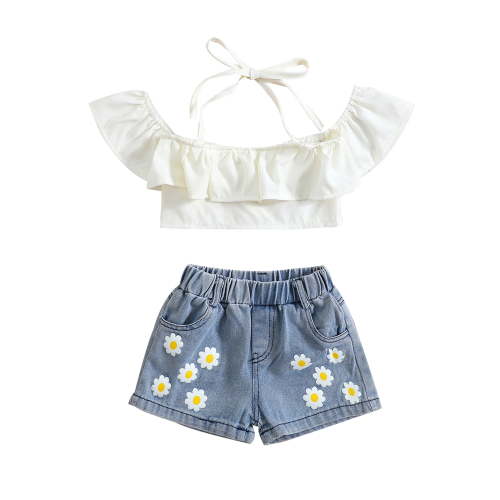 Bslissey Toddler Kids Girls Summer 2Pcs Outfits Sleeveless Tie-Up Halter Neck Ruffles Tank Tops + Flower Print Denim Shorts 2T 3T 4T 5T 6T 7T Little Girls Casual Shorts Sets