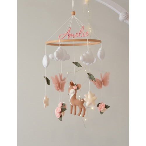 Deer baby mobile girl. Butterflies baby mobile. Baby shower gift. Flowers baby mobile. Name personalized.