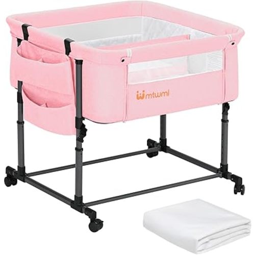 MTWML Twin Bassinet for 2 Babies,Portable Twins Crib with Storage Bag and Replaceable Mattress Cover,Adjustable Height Double Bedside Crib Attaches to Bed with Strap for 0-6 Months (Pink)