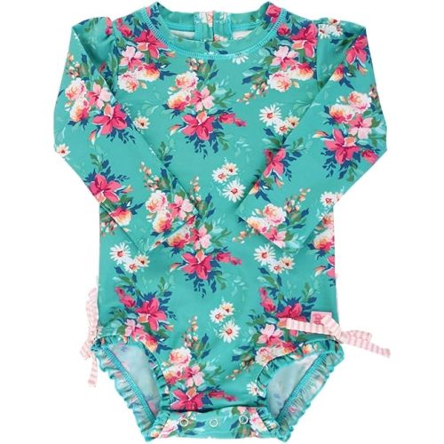 RuffleButts Baby Girls UPF 50+ Sun Protection Floral Printed Long Sleeve One Piece Rash Guard Swimsuit with Zipper