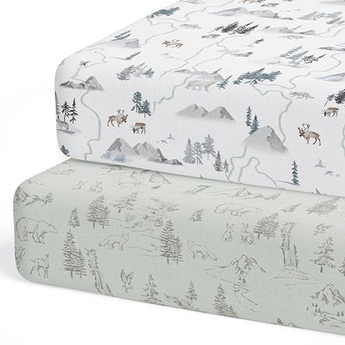 Crib Sheets Neutral - Fitted Baby Crib Sheets Bed for Girl Boy - 2 Pack Standard & Toddler Mattress (Arctic Journey) - Buttery Soft Organic Cotton Blend