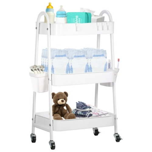 Baby Diaper Caddy Cart Metal Nursery Storage Organizer 3-Tier Rolling Cart Organizer for Diapers and Baby Wipes Newborn Essentials Storage Cart (White)