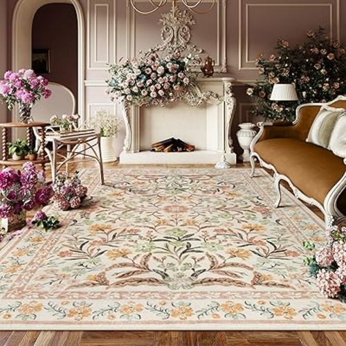 Lahome Washable Floral Area Rugs 8x10, Boho Living Room Large Rugs Non-Slip for Bedroom, Soft Rubber Backed Burnt Orange Carpet for Dining Playroom, Ochre Fall