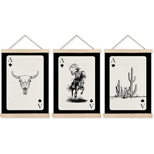 Trendy Retro Western Bull Skull Cowboy Rodeo Cactus Playing Ace Card Wall Art Set of 3, Vintage Western Decor&Funky Black Western Poker Canvas Wall Art Poster Hanger Frame, 12x16 Inch