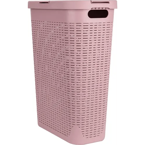 Mind Reader 40L Slim Laundry Hamper, Clothes Basket, Lid, Wicker Design, Plastic, 18"L x 10.4"W x 23.5"H, Pink