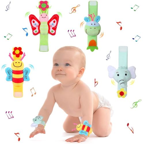 Jerify 4 Pcs Baby Wrist Rattles Animal Pattern Newborn Rattle Wrist Foot Toy for Babies Boy Girl Infant Birthday Gifts Educational Toys, 4 Designs