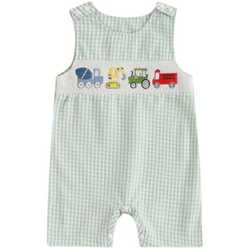 Baby Boy Summer Clothes Sleeveless Embroidery Dinosaur Striped Retro Romper Jumpsuit Smocked Shortall