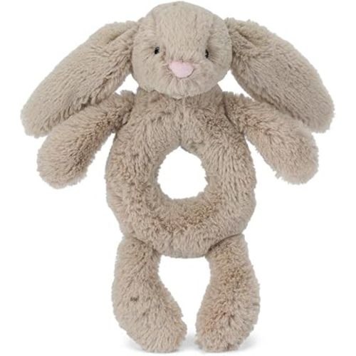 Jellycat Bashful Beige Bunny Stuffed Animal Ring Rattle, 7 inches - Bunnies & Rabbits Plush Rattle for Babies - Baby Gift