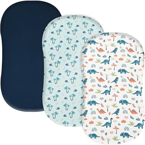 david's kids 3 Pack Bassinet Sheets, Ultra Soft Breathable Comfortable Baby Sheet Set for Boys Girls Neutral, Univeral Fit for Most Cradle and Bassinet Mattress, Dinosaur Blue
