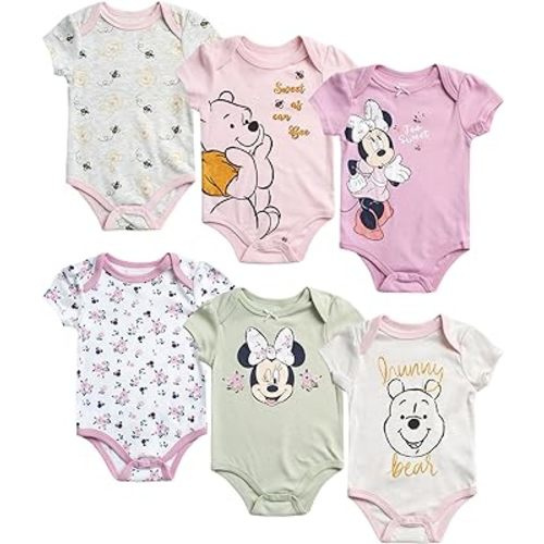 Disney Baby Girls Minnie Mouse & Winnie the Pooh 6 Pack Short Sleeve Bodysuits (Newborn, 0-9 Months)