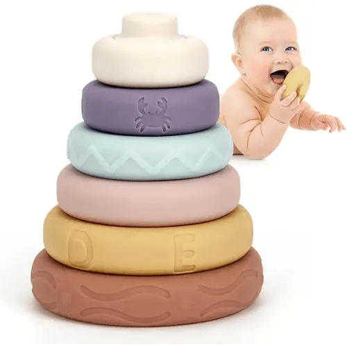 Mini Tudou Stacking & Nesting Circle Toy,6 Pcs Soft Building Rings Stacker & Teethers,Squeeze Play with Early Educational Learning Stacking Tower, Toy for 6+ Months Boys & Girls