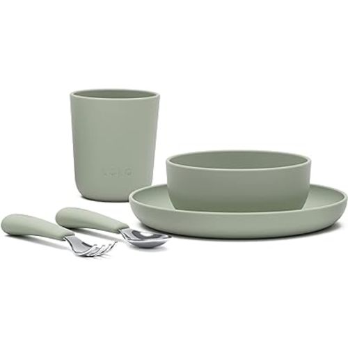 Lalo Big Bites Kids Dinnerware Starter Set - Dishwasher Safe, BPA Free, Kids Tableware Set - Includes Stackable Bowl, Plate, Utensils & Cup - 5 Pieces - Sage
