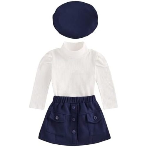 Fernvia Toddler Baby Girl Fall Winter Skirt Set Turtleneck Ribbed Long Sleeve T-Shirt Top & Plaid Skirts Dress 2Pcs Outfits