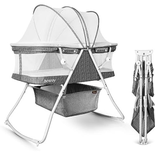 besrey Bassinet for Baby, 3 in 1 Portable Baby Bassinets, Rocking Cradle Bed, Easy Folding Bedside Sleeper Crib, Quick-Fold for Newborn Infant, up to 33 lb Compact Storage, Mattress and Net Included