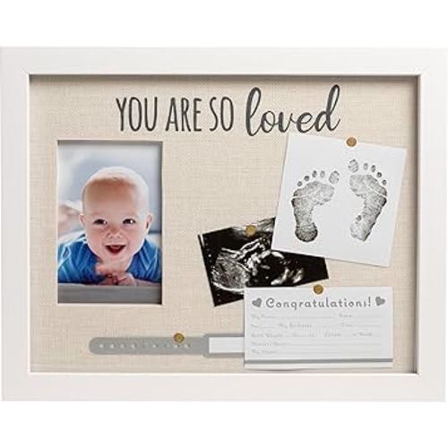 Kate & Milo You Are So Loved Shadowbox Frame, Newborn Keepsake Box, Baby Memento Frame, Baby Girl or Baby Boy Nursery Décor, Handprint and Footprint Ink Pad Included, Linen Mat, White
