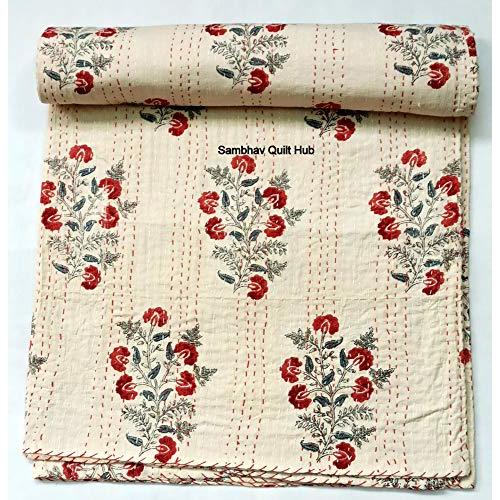 Indian Floral Kantha Quilt Block Printed Kantha Blanket Cotton King Kantha Bedspread Handmade Kantha Coverlet Throw Queen Throw Kantha Blanket