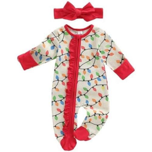 Baby Girl Boy Christmas Outfit Long Sleeve Lights Zipper Footie Romper Cute Newborn Infant Waffle Jumpsuit