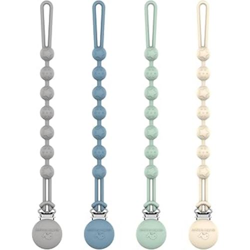 Cuddle Campus Silicone Pacifier Clip Holder with One Piece Design, Pack of 4 Soft Flexible Binky Clips with Texture for Baby Boy and Girl Set 2(6M+)