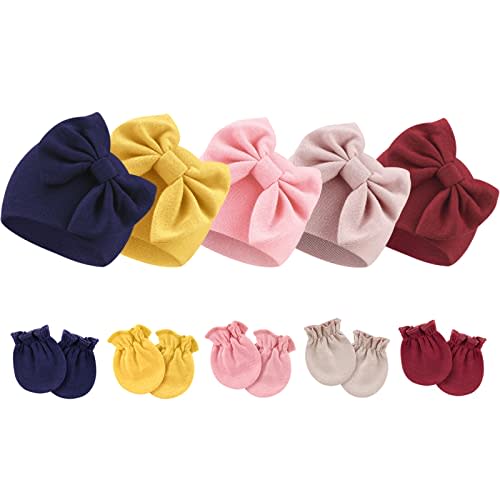 BQUBO Newborn Baby Girls Hats Mittens Set Hospital Hat Beanie Infant Bow Hats Baby Cotton Gloves for 0-6 Months