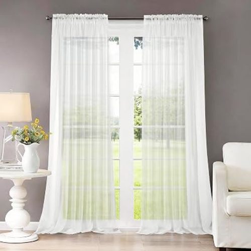 Dreaming Casa Solid Sheer Curtains Living Room White Rod Pocket Voile Draperies Window Treatment 42" W x 84" L 2 Panels