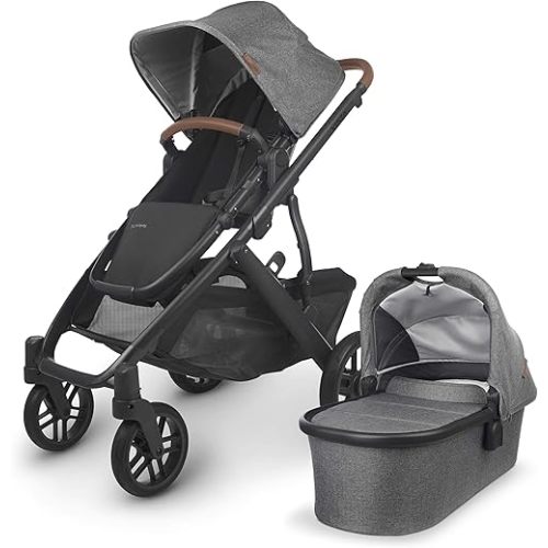 UPPAbaby Vista V2 Stroller / Convertible Single-To-Double System / Bassinet, Toddler Seat, Bug Shield, Rain Shield, and Storage Bag Included / Greyson (Charcoal Mélange/Carbon Frame/Saddle Leather)